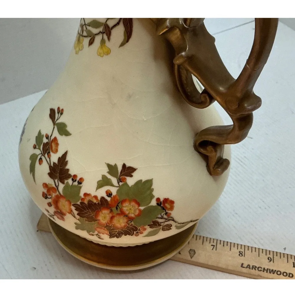 Carlsbad Vintage Porcelain Pitcher Floral Gold Handle Art Nouveau Vase 12.5in